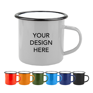 Mug de camping en émail 12 oz avec logo personnalisé, style rétro, finition brillante, tasse à café en métal avec bord noir pour événements d'entreprise en plein air - Product Image 1