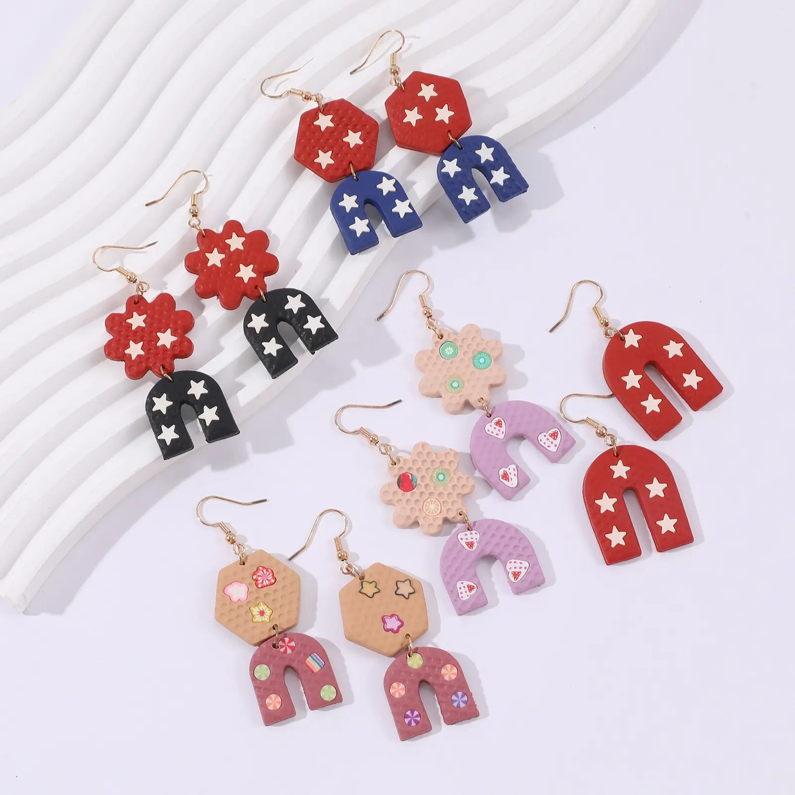 INS Fashion Colorful U-shaped Soft Ceramic Earrings Cartoon Geometry Cute Picture Earring Jewelry