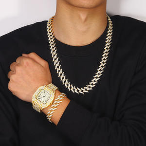 ชุดของขวัญนาฬิกาแฟชั่นแบบ Iced Out พร้อมสร้อยคอและกำไลแบบคิวบา ชุดเครื่องประดับฮิปฮอปสำหรับผู้ชาย นาฬิกาสีเงิน ของขวัญวันหยุดสำหรับผู้ชาย - Product Image 4