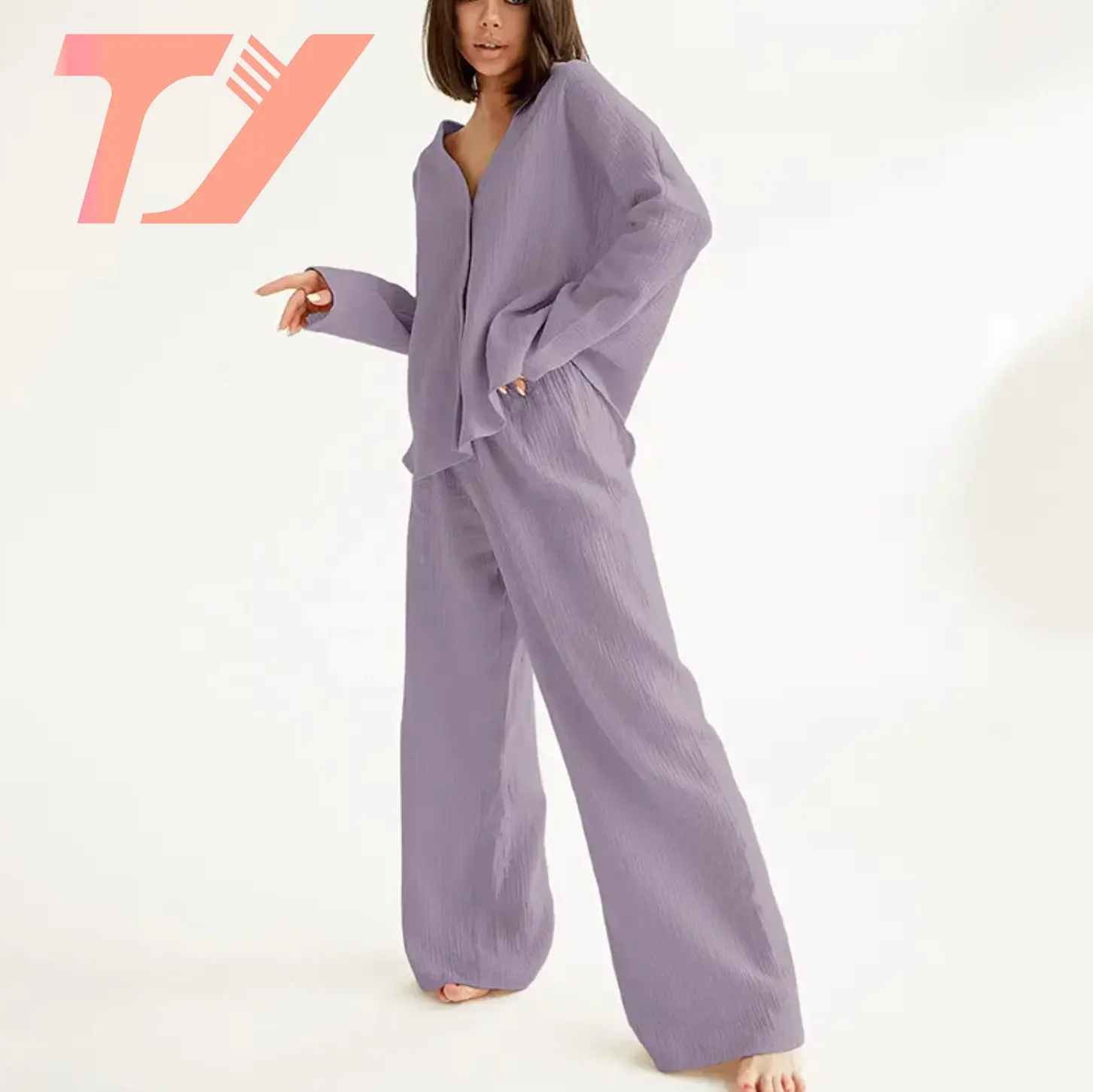 Tasarımcı pijama 3 parça uzun kollu pamuk pijama çift katmanlı gazlı bez kadınlar için pijama seti katı kadın pijama