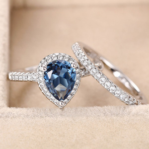 Set di anelli con zirconi blu scuro a forma di pera per donna, eleganti gioielli alla moda a forma di goccia - Product Image 4
