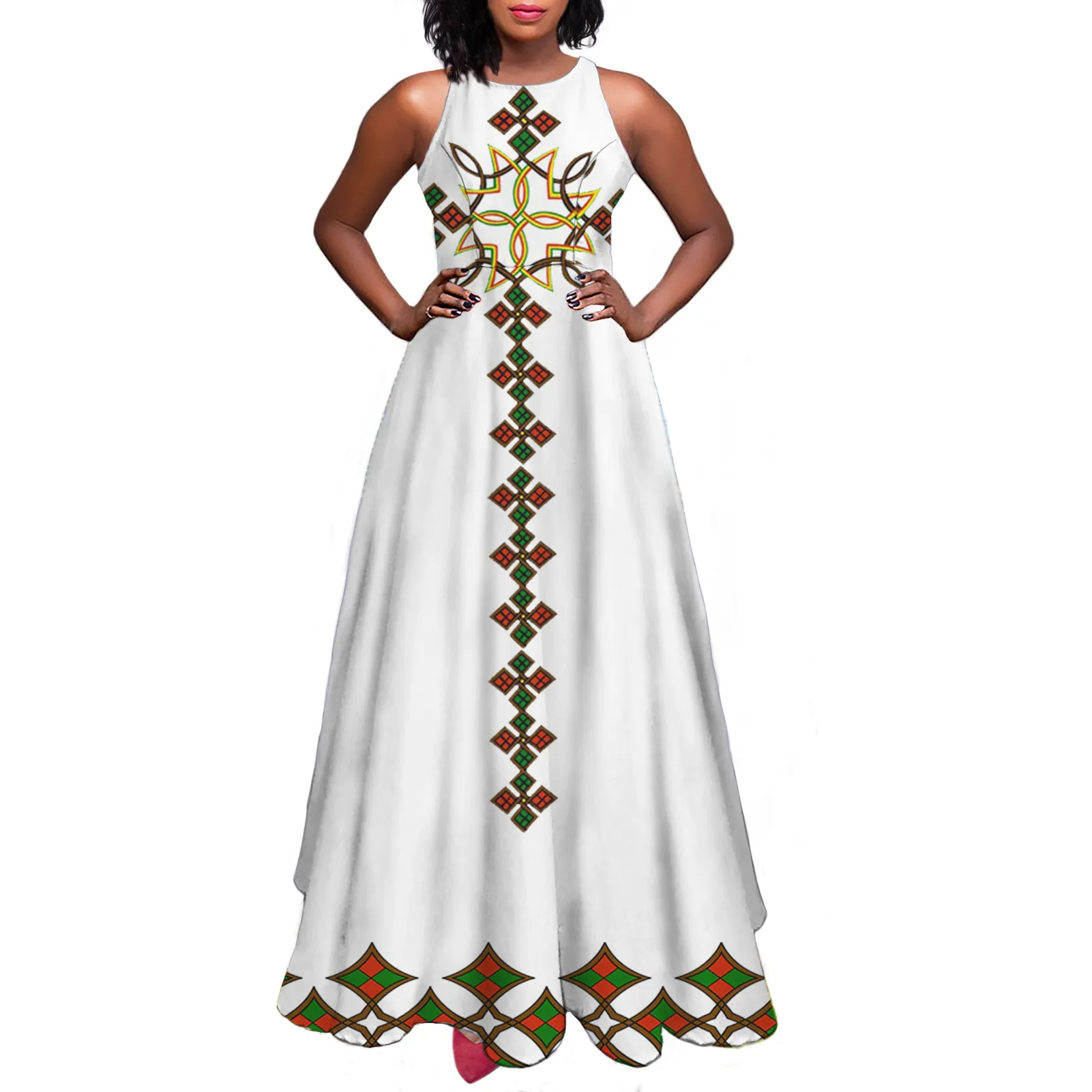 Vestidos elegantes blancos de diseño etíope fijiano samoano, vestidos largos florales personalizados, vestidos africanos informales para mujer