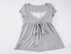 Wholesale Y2K Women Square Neck Lace <b>Patchwork</b> Lace Up T <b>Shirt</b> Cute Short Sleeve Summer Top - Product Image 2