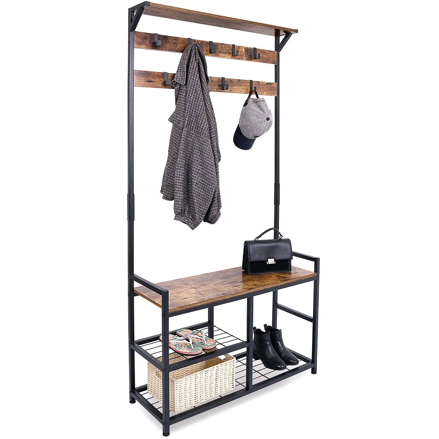 Factory direct coat rack shoe bench shelves storage clothes racks for hanging cloth metal racks (Rustic Brown)
