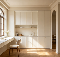 Table d'étude intégrée en contreplaqué style Japandi Wabi Sabi avec porte Shaker blanc crème et armoire-penderie pour étudiants