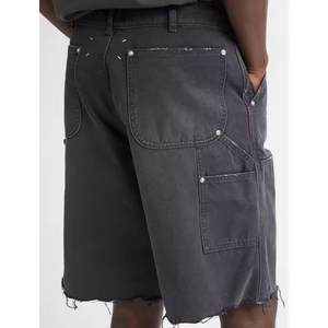 Pantaloncini da carpentiere personalizzabili con borchie con <span class=keywords><strong>bottone</strong></span> con orlo grezzo con bordo in difficoltà <span class=keywords><strong>pantaloni</strong></span> in Denim lavorato a maglia a <span class=keywords><strong>doppio</strong></span> ginocchio - Product Image 4