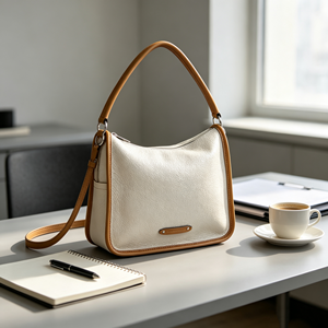 <b>Cream</b> Pebbled Leather Shoulder Bag, Tan Contrast Trim Top Handle Front Zipper Pocket Casual <b>Handbag</b> - Product Image 5