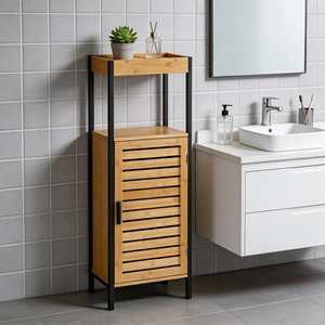 Mueble <span class=keywords><strong>de</strong></span> <span class=keywords><strong>Baño</strong></span> Estrecho y Alto <span class=keywords><strong>de</strong></span> Bambú Estilo Francés con Cuatro Niveles, Estantes Abiertos y Puerta, Sostenible - Product Image 4