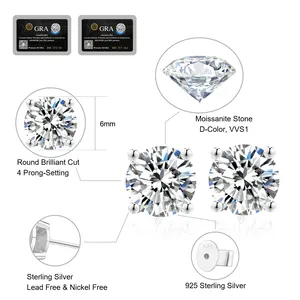 KRKC 도매 VVS1 0.5ct0.6ct0.8ct1.0ct925 스털링 실버 다이아몬드 남성 귀걸이 모이사나이트 웨딩 스터드 신부를 위한 귀걸이