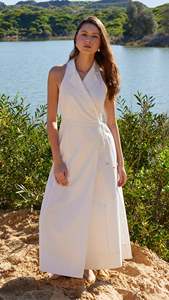 Personalizado Premium moda traje cuello diseño mujeres algodón y lino vestido largo una línea abrigo vestido sin mangas - Product Image 4