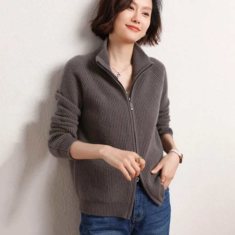 Women Sweater Zip Cardigan 2022 causal Women Clothing Custom Sweater 100% Cashmere Winter Fall Warm Soft OEM ODM 2257