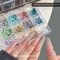 Bestseller transfrontalier : Kit de strass en résine pour nail art, 12 compartiments, 2 mm, multicolores, à dos plat, ultra-brillants