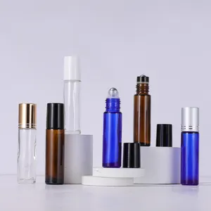 Botella de rodillo de perfume de aceite esencial, transparente, ámbar, azul, rollo de vidrio de 10ml con tapa de plástico
