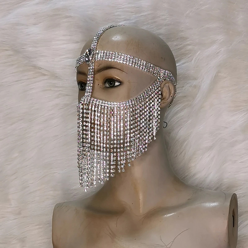 Nouveaux Costumes de mascarade faits à la main pour femmes, pampilles Bling voile cristal diamant bijoux d'halloween chaîne visage danse fête voile