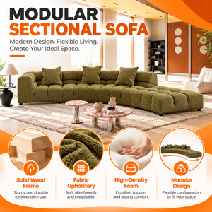 Canapé modulaire sectionnel vert olive moderne VB avec chaise longue, structure en bois massif, coussins en mousse haute densité, tissu texturé - Product Image 6