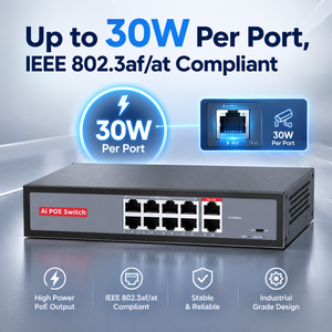 Switch PoE de 8 puertos con 2 puertos de enlace ascendente no administrados de 10/100Mbps IEEE802.3af/at, 30W por puerto, Switch Ethernet PoE de larga distancia de 250m - Product Image 1