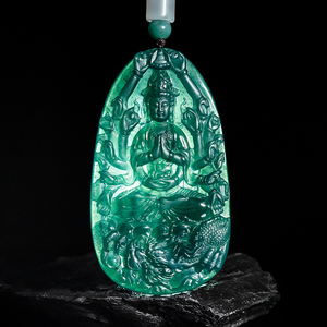 Pendentif en jade Guanyin bleu émeraude naturel, déesse protectrice du zodiaque, rat, pendentif Bouddha âme sœur - Product Image 2