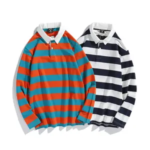 Koreaanse Stijl Los Gestreept Poloshirt Heren Paar Dragen Revers Lange Mouw T-Shirt