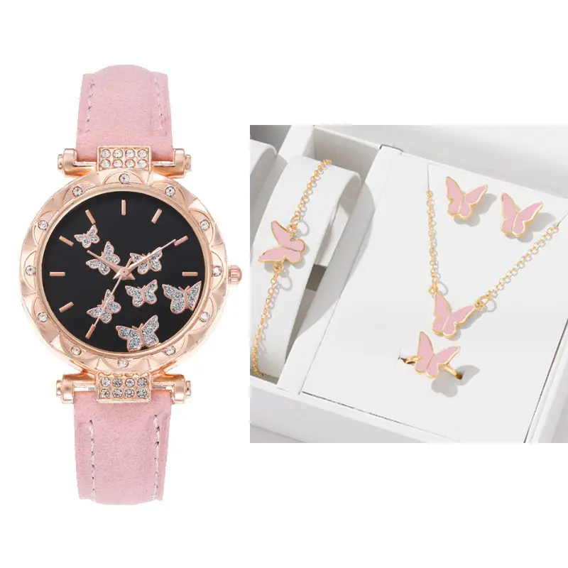 Bijoux de montre pour femmes Coffret cadeau de luxe Fashion 5 Pcs/Set Ring Earring Bracelet Necklace Butterfly Set Watches Designer Ladies