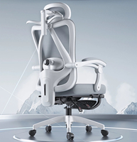 Chaise de bureau ergonomique à dossier ouvert en maille respirante avec appui-tête réglable, accoudoirs rabattables et repose-pieds rétractables