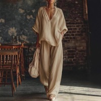 Mode V-hals Korte mouwen Losse top Damespak Zomer Nieuwe Casual Retro Vrouwelijke Vakantie Luie broek 2-delige set