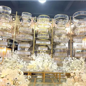 Thiết Kế Sang Trọng Bling Acrylic Vòng Chandelier Đám Cưới Sân Khấu Lớn Backdrop Set Trang Trí