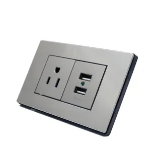 1 Gang 3 Pin South American Plug Socket With Double USB Port 5V 2.1A Stainless Steel Outlet Socket