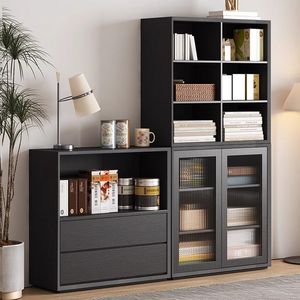 Estante <span class=keywords><strong>de</strong></span> almacenamiento simple moderno para el hogar, mueble <span class=keywords><strong>de</strong></span> sala <span class=keywords><strong>de</strong></span> estar, estantería con combinación <span class=keywords><strong>de</strong></span> vidrio, color negro - Product Image 1