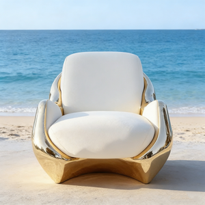 Poltrona Lounge Moderna di Lusso in Metallo Dorato, Forma Unica, Rivestimento in Pelle Bianca, Divano Singolo Artistico per Soggiorno - Product Image 4