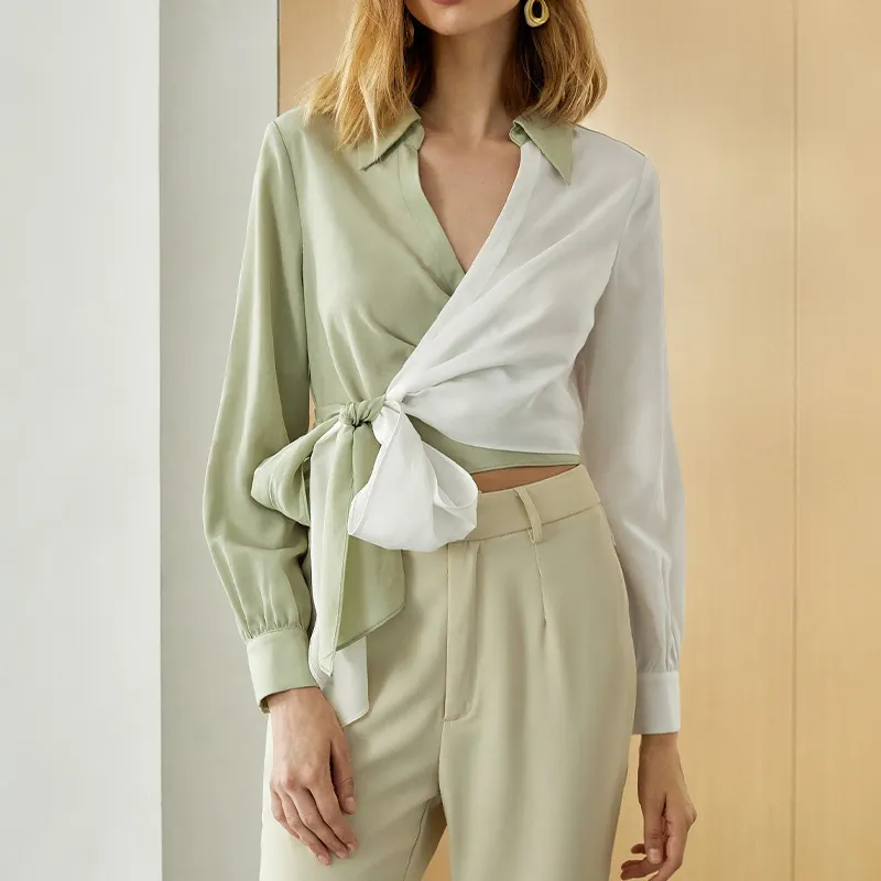 High Quality Fashion Spring Crop Shirts For Women Sexy V Neck Elegant Casual Color Blocking Knot Wrap Chiffon Tops And Blouses