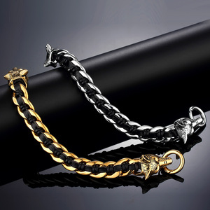 Genuine cowhide woven wolf head bracelet colorfast titanium steel animal <b>bangle</b> leather wristband jewelry for <b>men</b> daily wear - Product Image 1