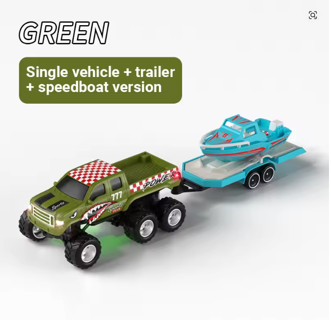 Green + trailer+ speedboat