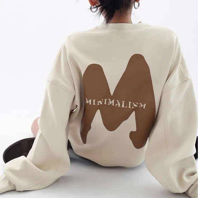 Pure Color Letter Pattern Embroidered Hoodie Autumn Boxy Fit Oversized Sweater Crew Neck Puff Print Customized Sweat Shirt