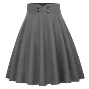Womens Vintage Solid Color Button Decorated High Waist Flared A-Line <strong>Black</strong> <strong>Pleated</strong> <strong>Skirt</strong> - Product Image 4
