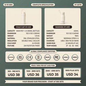 مجموعة تغذية الأطفال للسفر: سخان زجاجات محمول 450 مل + مبرد حليب صناعي 300 مل، USB-C، ستانلس ستيل 316، يحافظ على الحرارة لمدة 24 ساعة، هدية للمواليد الجدد، OEM HY-SET01 - Product Image 6