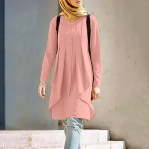 Wholesale women elegant o neck long sleeve fashion Retro long pink muslim ethnic clothing pleated turkey blouses