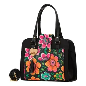 Bolso Tote para Mujer Fana, Lona Negra con Estampado Floral, Cierre de Cremallera, Estilo Bohemio, para Todas las Temporadas - Product Image 1