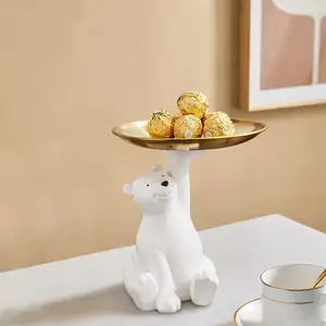 Patung Beruang Kutub Resin, dengan Nampan Logam Ornamen Patung Berdiri Permen Perhiasan Kecil Dekorasi Rumah