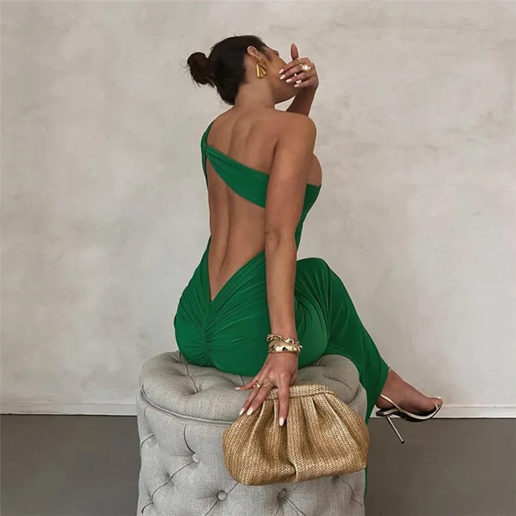 2023 giyim şık bir omuz yeşil Bodycon Midi elbise parti seksi Backless kolsuz bayan elbise