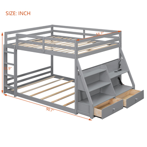 Cama litera completa con luces LED controladas por aplicación (7 colores), puertos USB, estantes de almacenamiento y 2 cajones, gris - Product Image 2