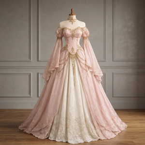 Off-The-Shoulder Empire Waist Chiffon Ball Gown <b>Evening</b> <b>Dress</b> with Lace Embroidery Chapel Train Floor-Length <b>Vintage</b> Party Style - Product Image 2