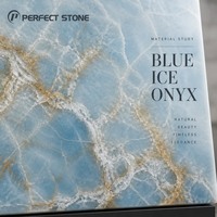 Dalle translucide polie en onyx bleu glace PerfectStone, pierre naturelle de luxe, pour hall d'hôtel de prestige et projets d'aménagement intérieur de villas