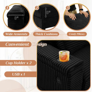 Sofá Reclinable de 2 Plazas en Corduroy Negro con Dos Reposapiés, Cojines, Portavasos y Cargador USB para Uso en el Hogar - Product Image 5