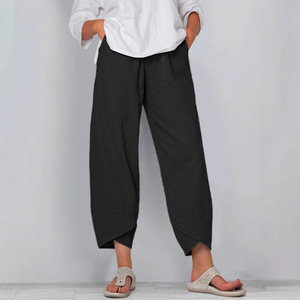Pantalon droit ample pour femme, longueur cheville, décontracté, en coton et lin, taille élastique, coupe courte - Product Image 2