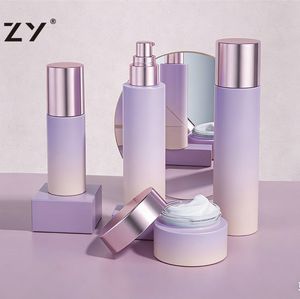 ชุดบรรจุภัณฑ์เครื่องสำอางแก้วไล่เฉดสีม่วงน้ำเงินสุดหรู ขวดและกระปุกบรรจุภัณฑ์สำหรับผลิตภัณฑ์บำรุงผิวแบบเปล่า พร้อมฝาสีโรสโกลด์ สำหรับโลชั่น เซรั่ม และครีม - Product Image 6