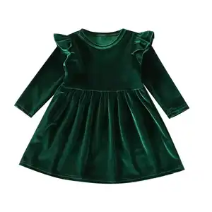 custom item Kids Green Velvet Flutter Sleeves Baby Winter Long Sleeves Children Toddler Clothes Girls 2023 Velvet Dress