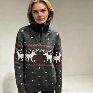 Suéter Jacquard con Espalda Cruzada para Mujer OEM/ODM - Jersey de Manga Larga con Cierre de Cremallera y Cuello Alto - Product Image 1