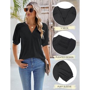 Blusa de manga abullonada para mujer, cuello en V, manga corta, plisada, informal, top de verano, camisa transpirable de poliéster - Product Image 3