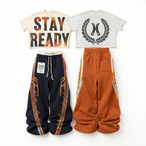 Conjunto Deportivo Estilo Gimnasio Vintage, Sudadera Corta con Estampado Gráfico, Pantalones Deportivos Anchos, Ropa Deportiva Casual - Product Image 2
