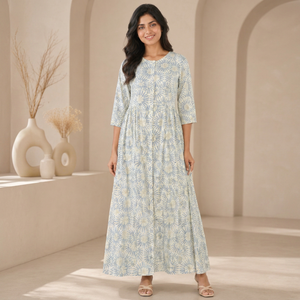 Vestido Maxi Estampado Floral para Mujer, Estilo Bohemio, Cuello Redondo, Mangas 3/4, Vestido Largo Informal Tipo Kurti, Ropa de Moda al por Mayor - Product Image 1